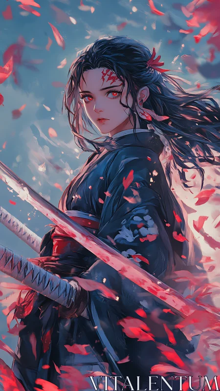 Crimson-eyed katana duelist amid dynamically vectoring petals.