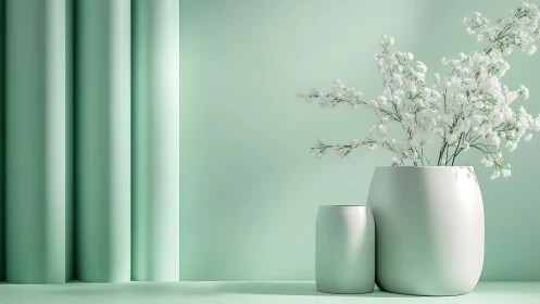Minimalist white vases with flowers on mint background.