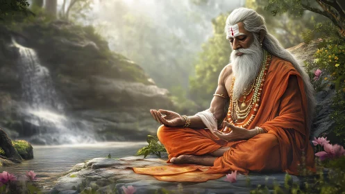 Serene forest sage sinks into deep meditation by the river
