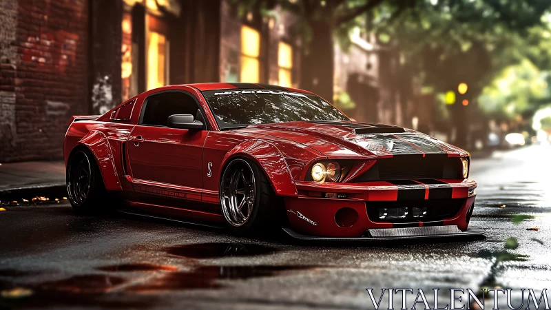 Street-tuned red muscle car under soft city bokeh glow.