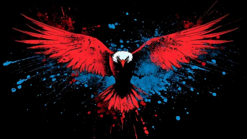 Vibrant Bald Eagle with Red Wings in Abstract Paint Splash Style.