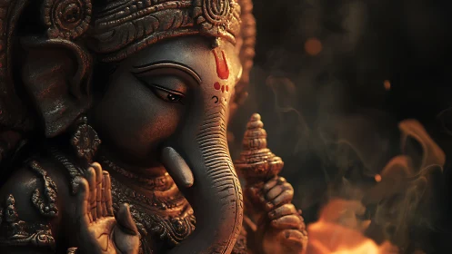 Ganesha statue glows beside ritual flames in warm darkness