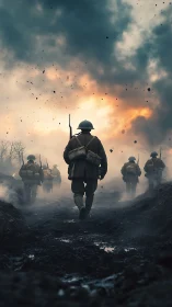 Soldiers advance through muddy trench under explosive sky