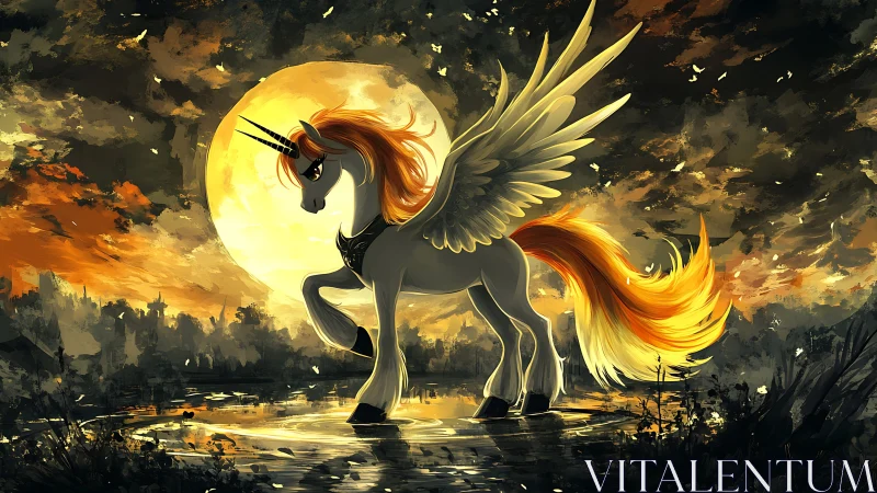 Winged unicorn alicorn silhouetted against luminous full moon