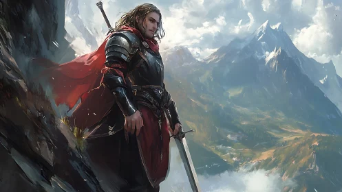 Crimson-caped knight broods above wild, storm-kissed peaks.