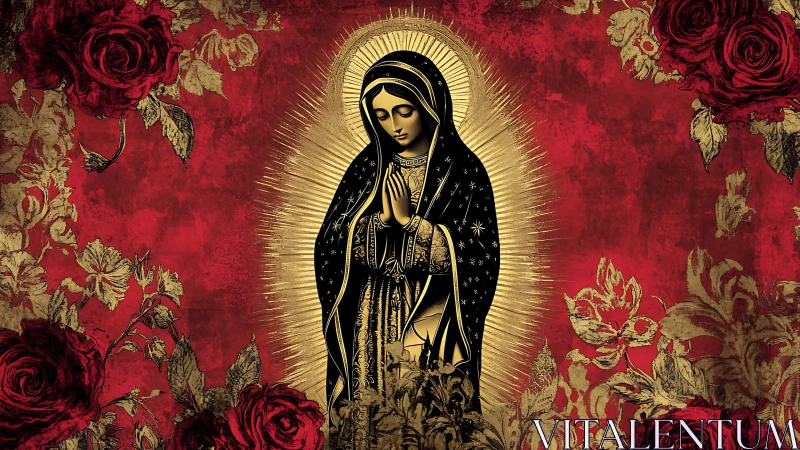 Gilded Madonna icon centered in crimson florals haloed in light.