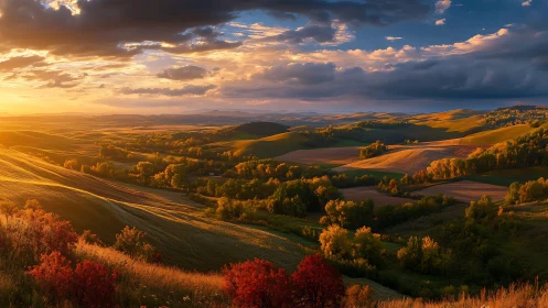 Radiant low-sun illumination over rolling agrarian valleys.