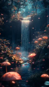 Enchanted forest waterfall glows softly with dreamy flower light