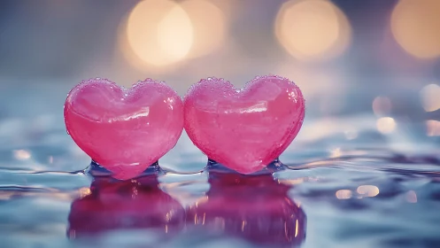 Twin Pink Hearts on Reflective Water Surface with Bokeh Background
