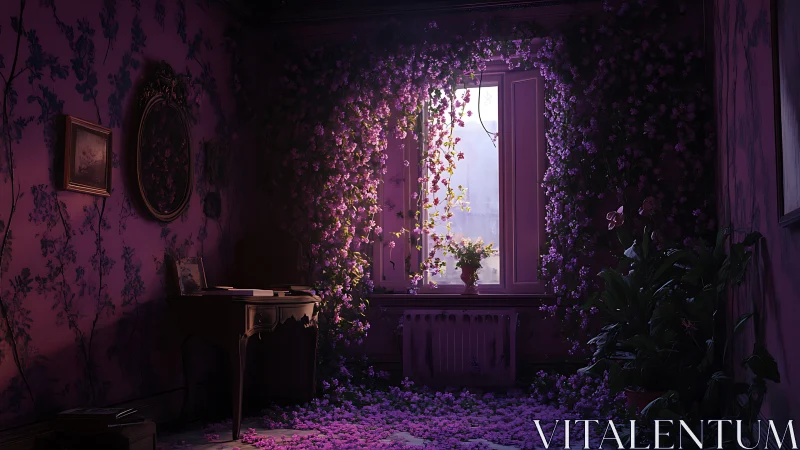 Luminous floral incursion through Victorian window interior.