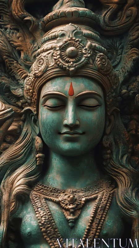 Serene bronze deity sculpture with ornate headdress detail.