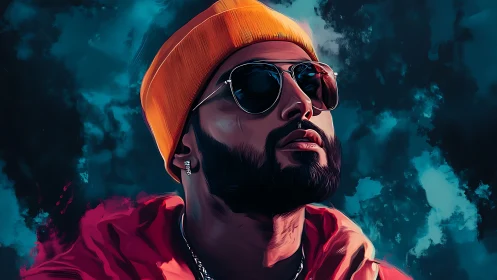 Stylized portrait of man in beanie and sunglasses, teal sky.