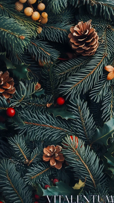 Evergreen pine boughs with cones and red berries detail.