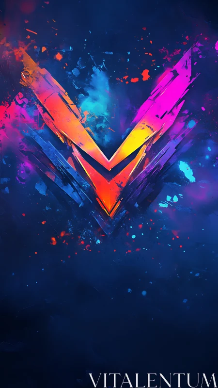 Neon V-sigil ignites a cosmic splash of electric color.