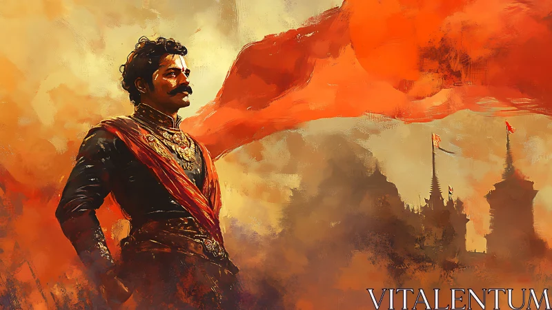 Heroic warrior surveys citadel beneath sweeping crimson banner