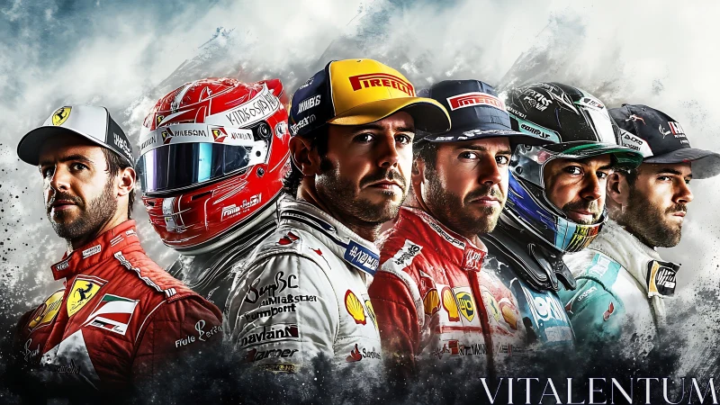 Multiple racing driver portraits in composite formation.