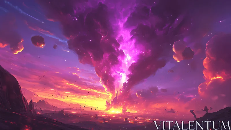 Violet cosmic storm erupts above a glowing alien horizon.