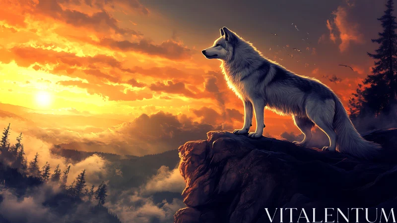 White wolf stands on rocky cliff above clouds at sunset
