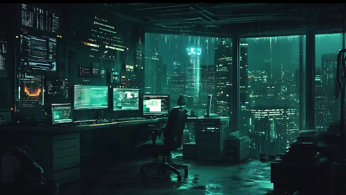 Neon-lit hacker workspace watches over a rain-soaked cybercity