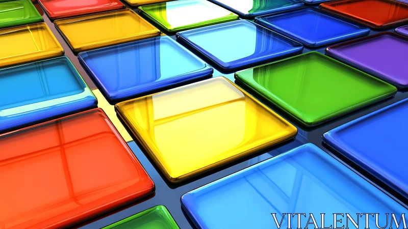 Colorful glass tiles drifting in a playful digital grid.