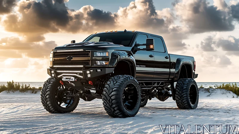 Lifted black off-road truck dominates sunlit coastal dunes