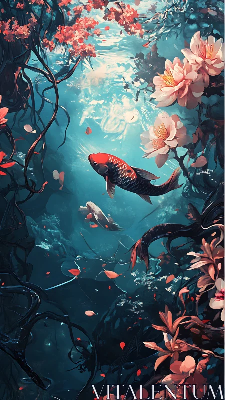Koi drifting under blossom-lit water in a secret dream pond.