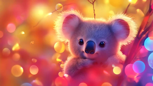 Koala rendered in colorful bokeh light with soft focus detail