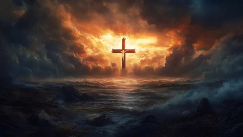 Storm-torn sea kneels beneath a blazing cross of dawn light