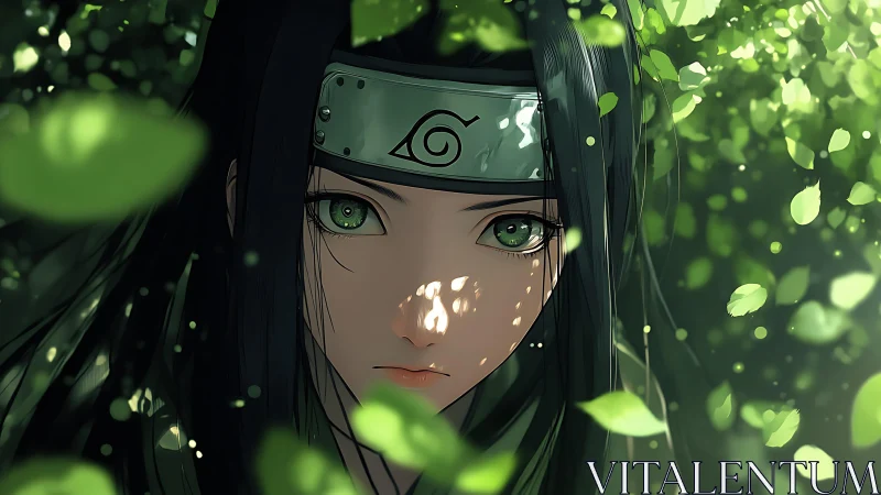 Anime portrait through dappled forest light, close framing.