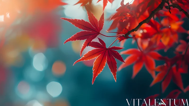 Scarlet maple leaves glow softly against dreamy teal bokeh