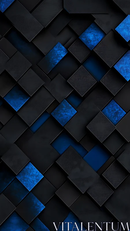 Layered black and blue squares form a sleek abstract pattern.