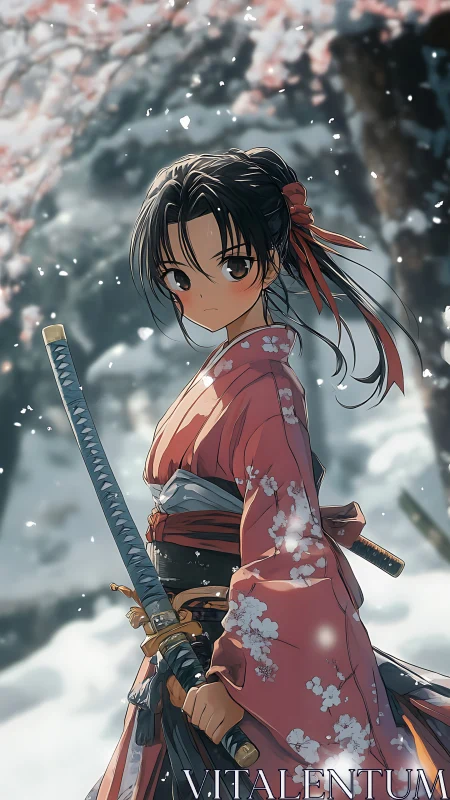 Snow-kissed samurai girl quietly guards the falling blossoms