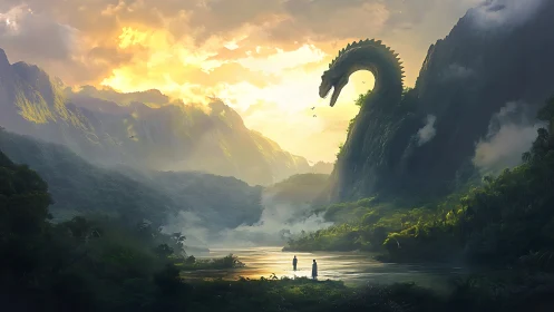 Colossal river serpent emerging from mist-laden rainforest gorge.