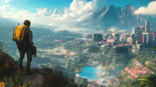 Solitary explorer surveying neo-futurist jungle megacity basin