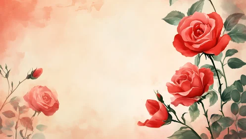 Red Roses in Watercolor Bloom Against Soft Pastels.