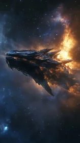 Ancient cosmic dragon ship emerges through burning nebula