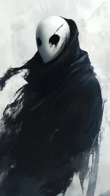 Monochrome spectral figure in abstract shrouded cloak composition.