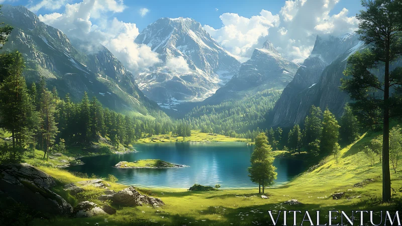 Glacial basin lake with alpine conifers under volumetric light.