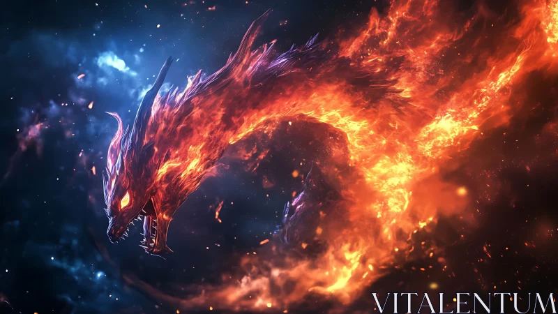 Flame-born dragon coils through nebulae and bites the night