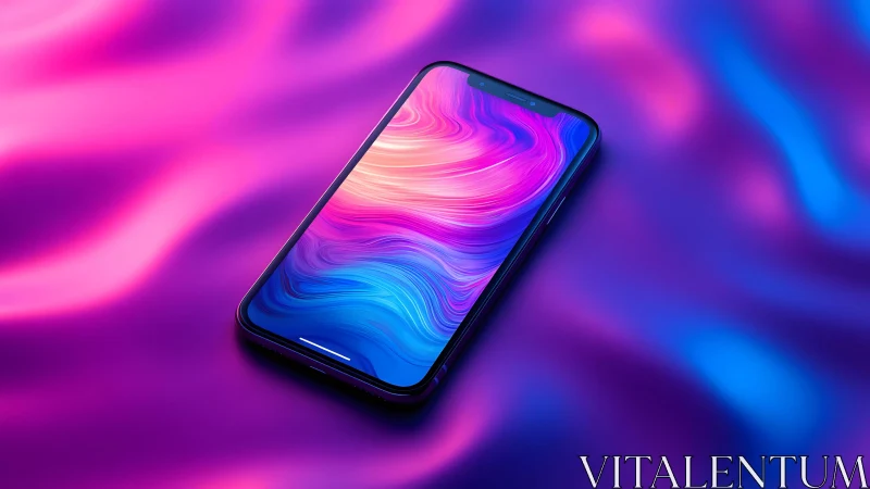 Modern smartphone on vibrant neon abstract background, digital art.