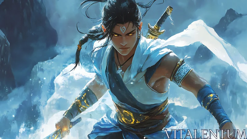 Ice-clad warrior sprinting through storm with glowing blades.