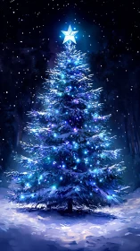 Luminous snow-covered fir tree with blue LED lights at night