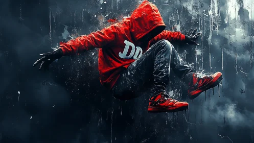 Hooded street dancer in red jumps against dark backdrop.