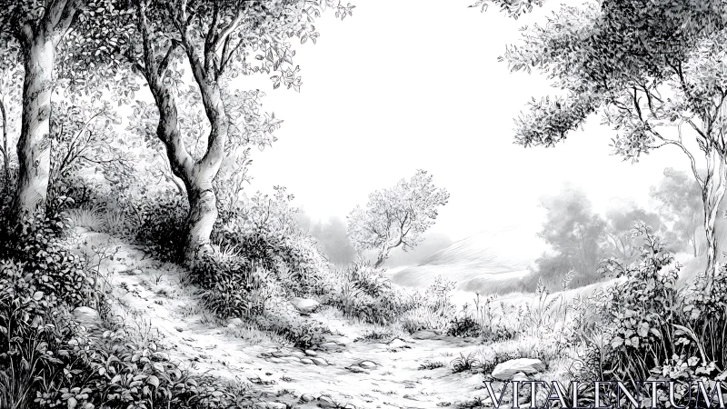 Ink-Rendered Pastoral Landscape with Arboreal Framing.