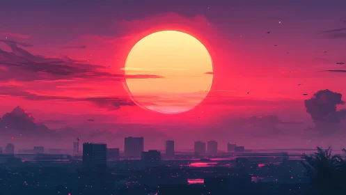 Oversized neon sun dominates a stylized cyberpunk cityscape