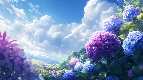 Soft clouds drift over sunlit hydrangeas in gentle bloom