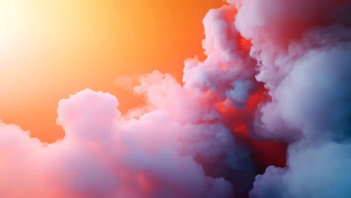 Colorful vapor clouds glow against intense orange sky