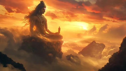 Golden sky cradles a serene mountain deity in quiet wonder
