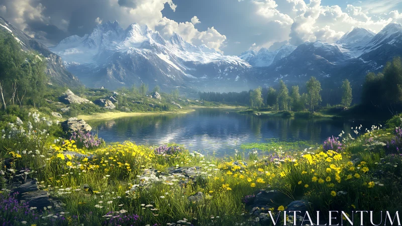 Mountain lake with wildflower meadow and snow-covered peaks.