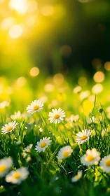 White daisies in sunlit meadow with bokeh background